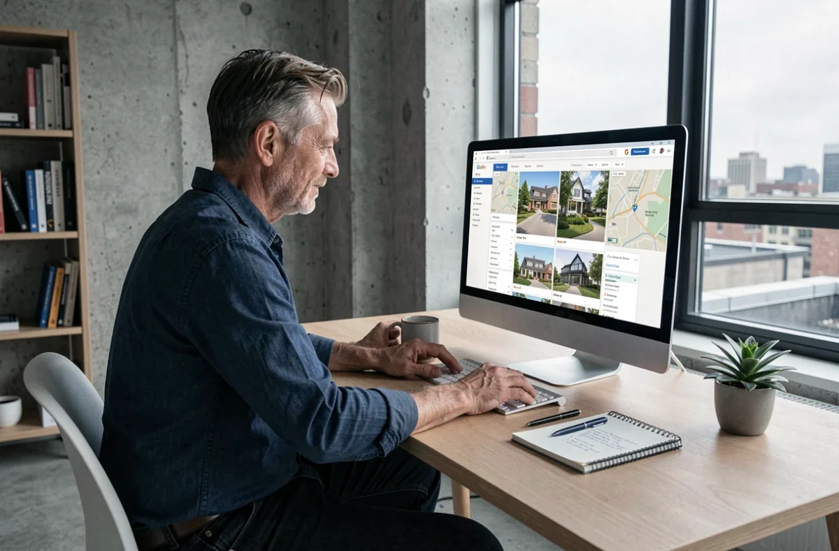 Homme seul dans un bureau à domicile comparant plusieurs sites immobiliers sur un grand écran pour planifier son projet de maison
