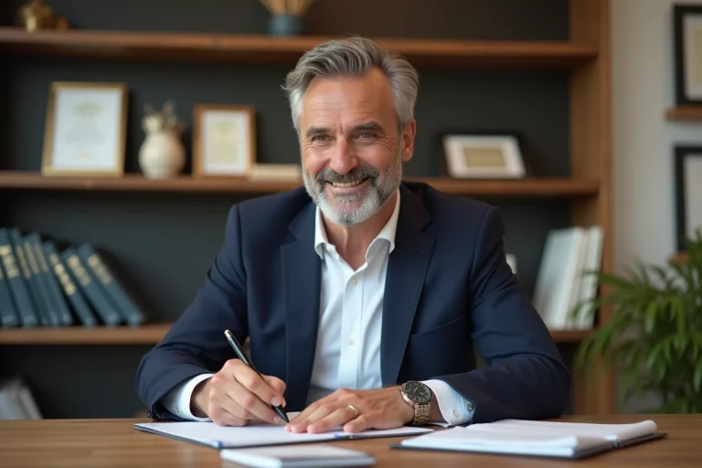 Homme en blazer lisant dans son bureau lumineux