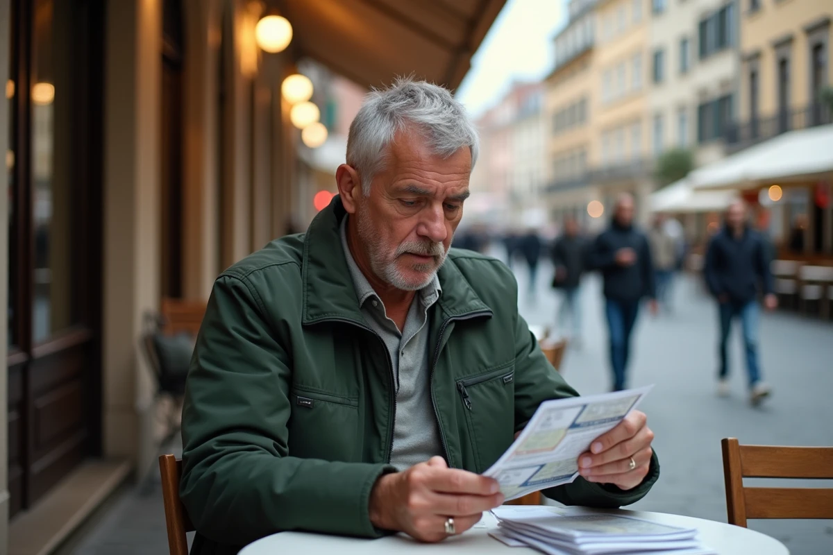 Homme lisant un flyer dans un café en ville
