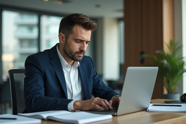 Homme en costume concentré à son bureau moderne