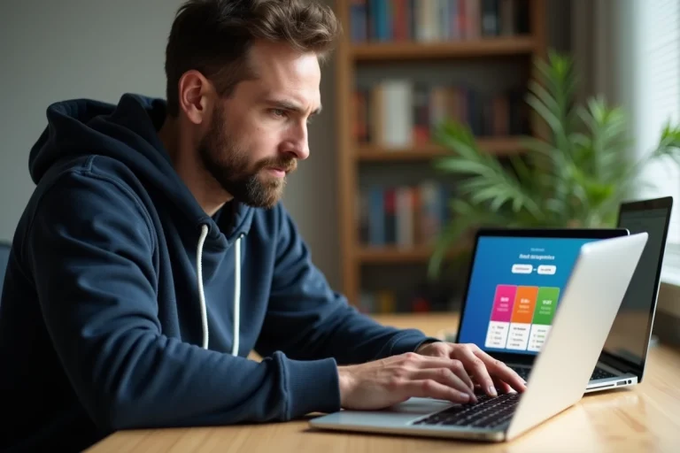 Homme consultant les tarifs d'un service de téléchargement en ligne sur un ordinateur portable depuis son bureau à domicile