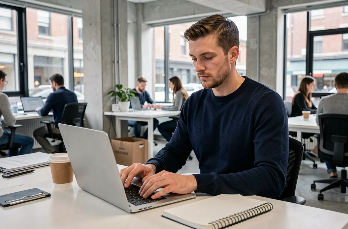 Jeune homme concentré sur sa recherche d'emploi en ligne dans un espace de coworking moderne avec ordinateur portable et café