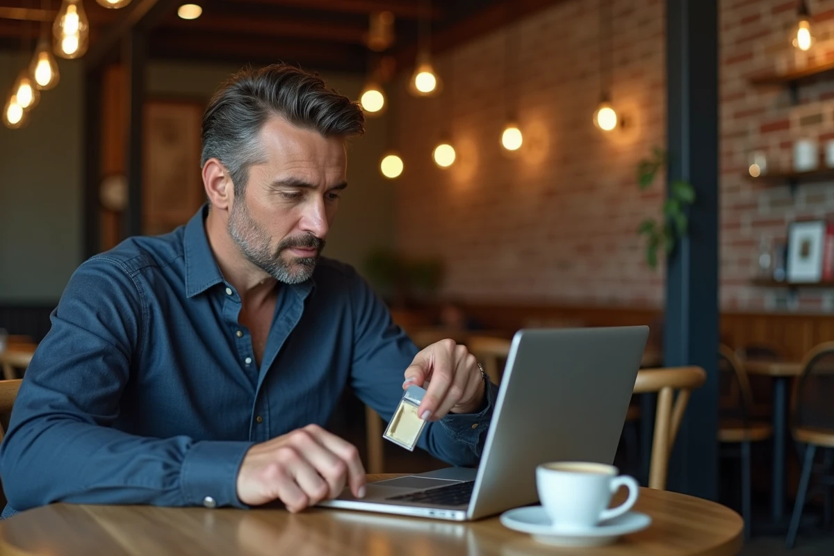 Homme évaluant un parfum de luxe dans un café tout en consultant les avis d'une parfumerie en ligne sur son ordinateur