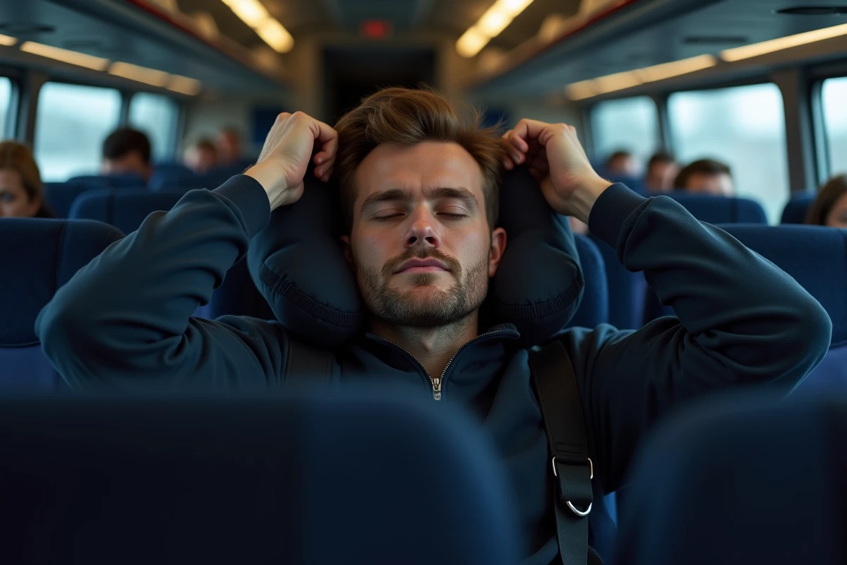 Homme ajustant son oreiller cervical dans un bus de nuit pour dormir confortablement
