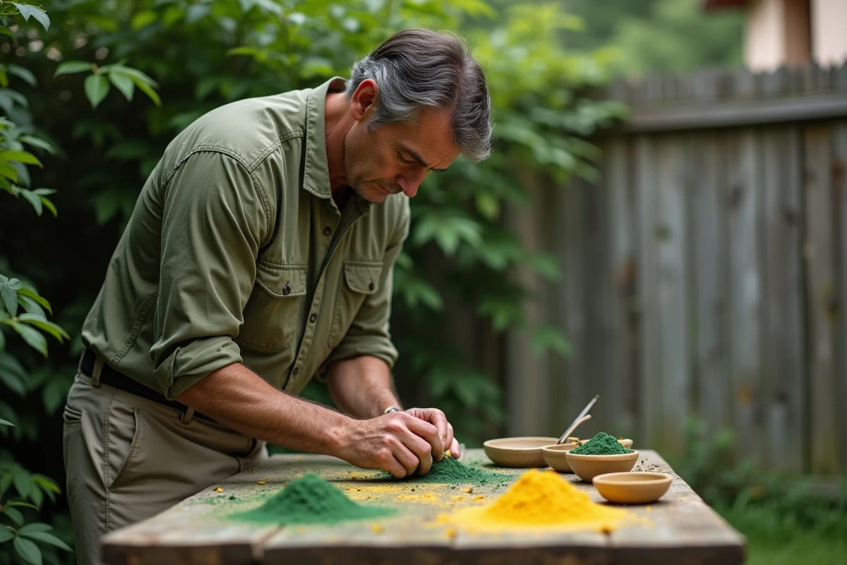 Homme mélangeant pigments dans un jardin verdoyant