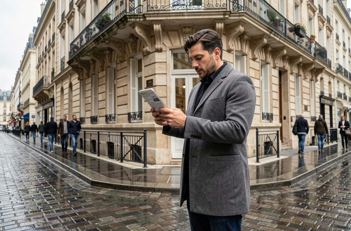 Homme consultant une annonce immobilière sur smartphone dans une rue parisienne avec façades haussmanniennes en arrière-plan