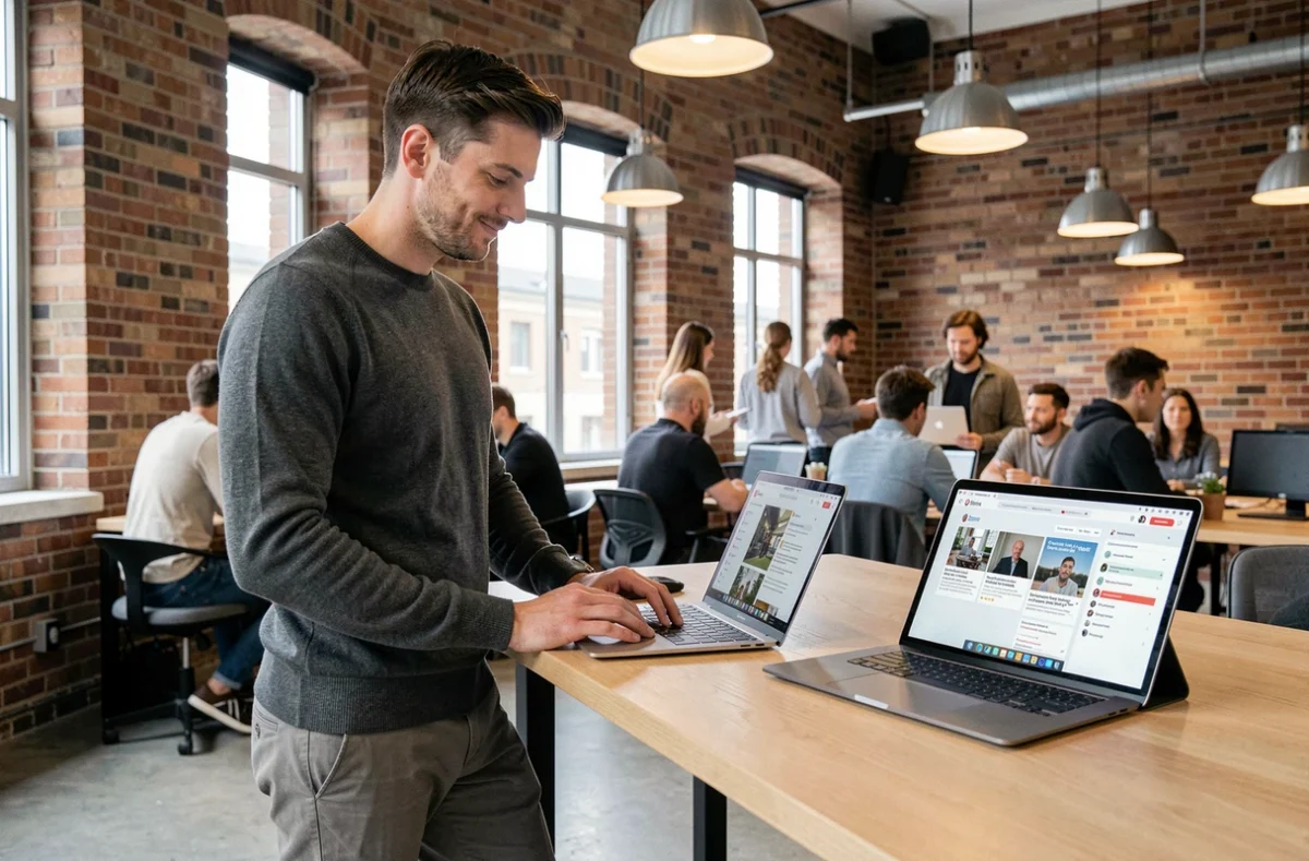 Jeune homme travaillant sur ses stratégies de présence en ligne dans un espace de co-working contemporain