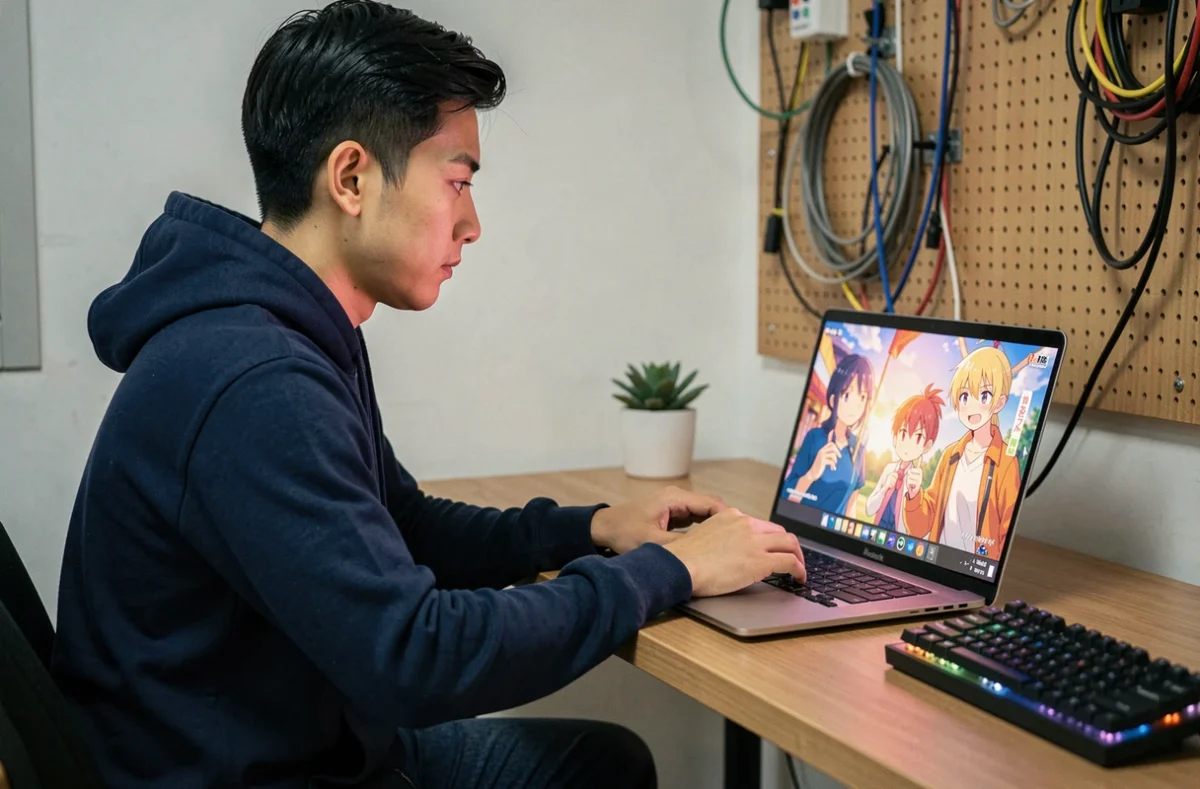 Jeune homme regardant un anime japonais en streaming sur ordinateur portable dans un bureau à domicile