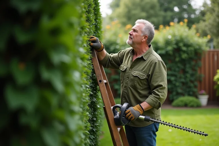 Homme utilisant un taille-haie télescopique sur une échelle pour tailler une haie de buis haute dans un jardin suburban