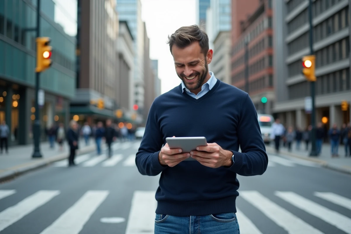 Homme dans la rue croisant en regardant son tablet