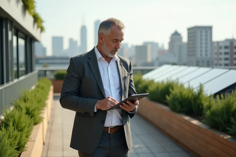 Homme d'affaires regardant des panneaux solaires sur un toit urbain