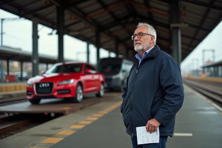 Homme déposant sa voiture sur un wagon d'auto-train en gare de Paris avant un départ pour Marseille
