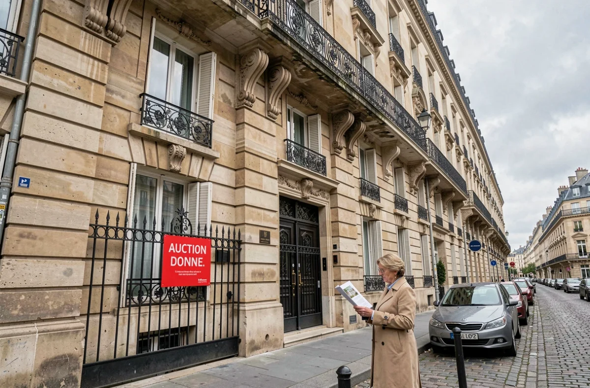 Immeuble parisien avec affiche de vente aux enchères judiciaires et acquéreur potentiel devant la façade