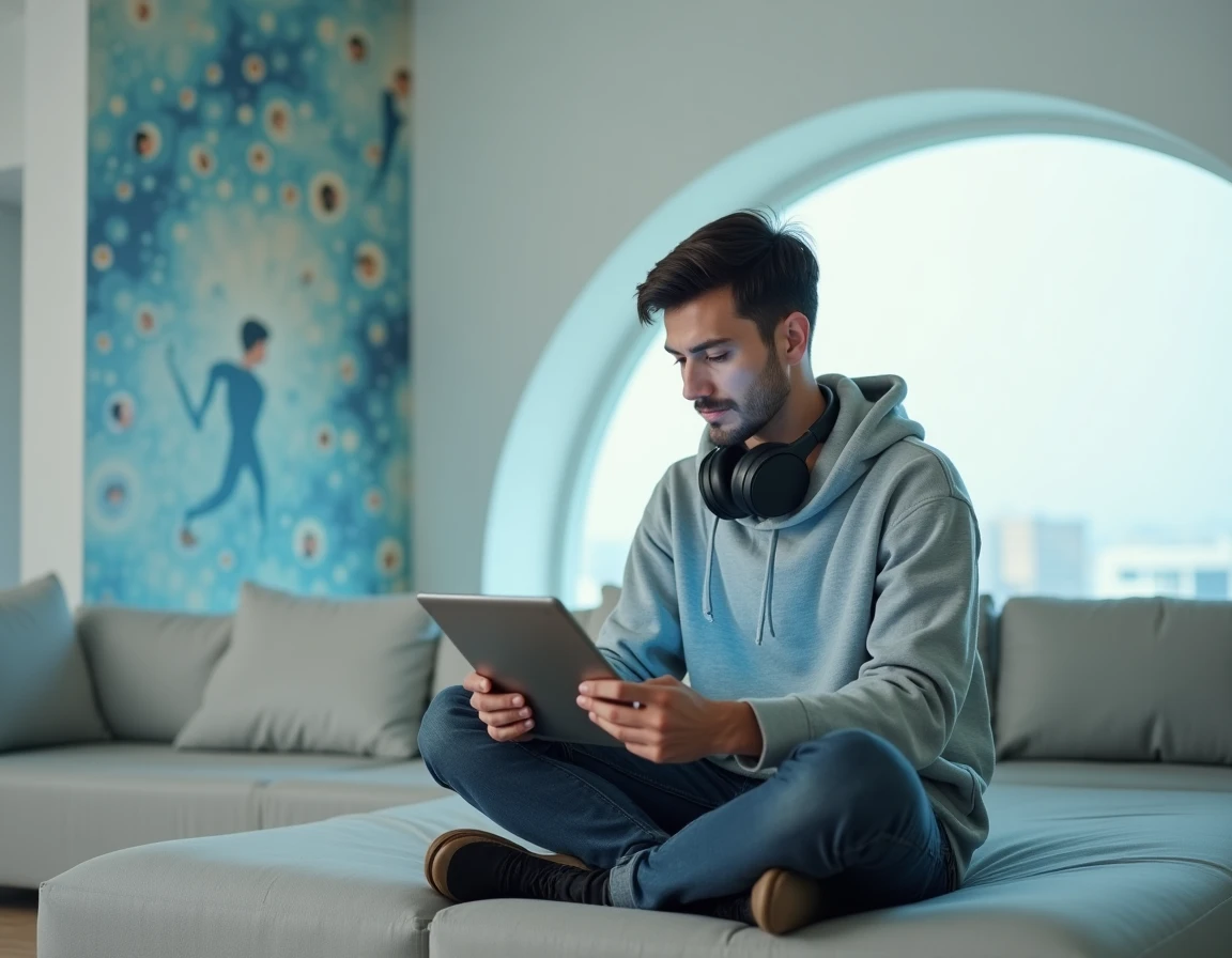 Jeune homme utilisant une tablette dans un hub communautaire futuriste aux murs courbes et fresques sociales, évoquant les innovations technologiques et sociétales de demain