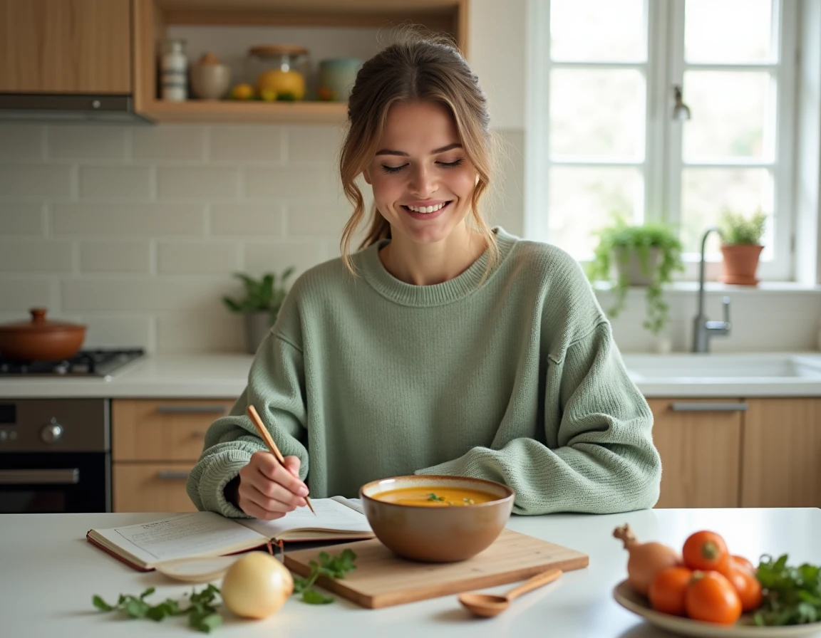 Femme consultant un carnet de recettes manuscrit devant un bol de soupe maison sur un îlot de cuisine moderne et cosy
