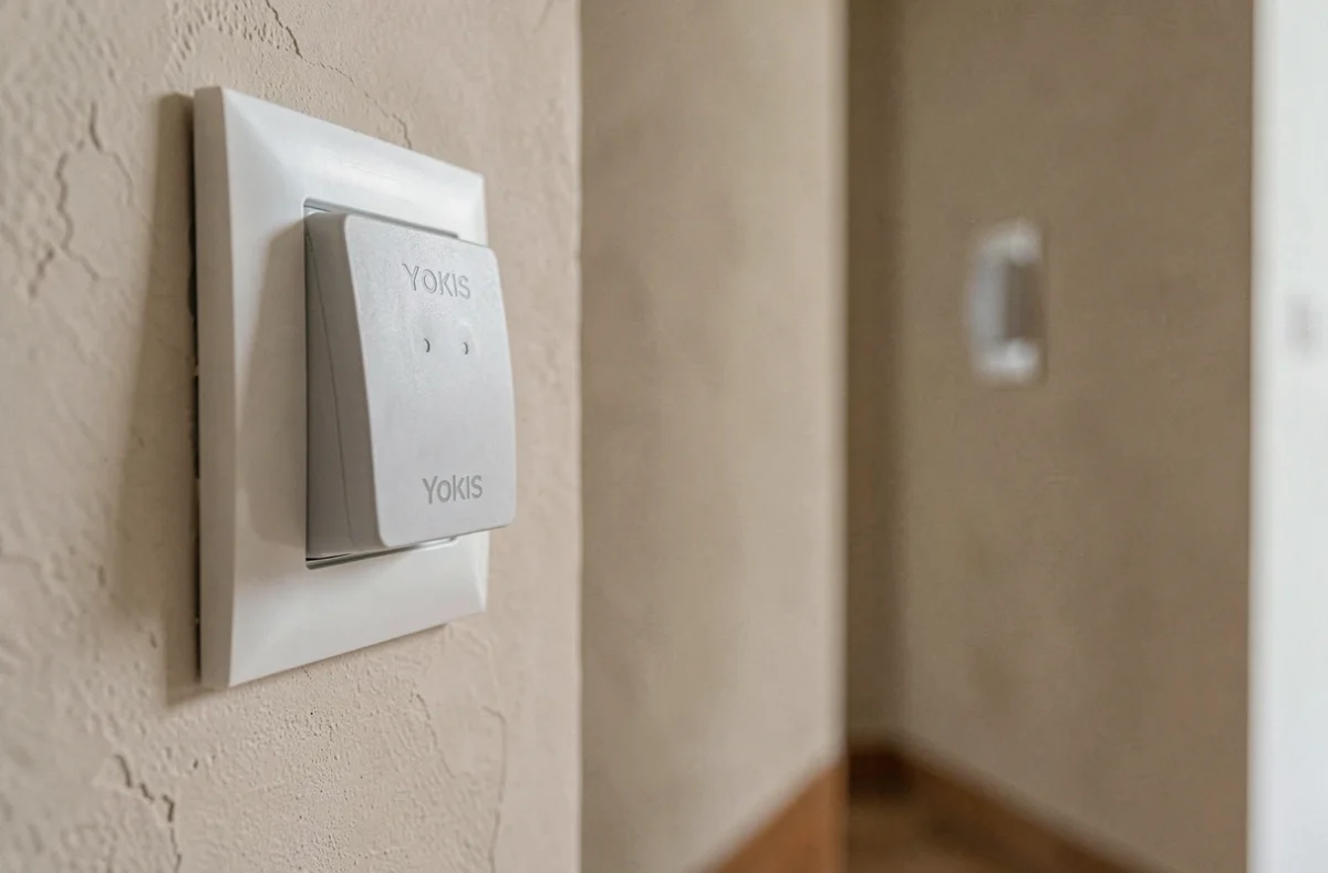 Interrupteur Yokis va-et-vient sans fil monté sur plaque blanche dans un couloir résidentiel contemporain