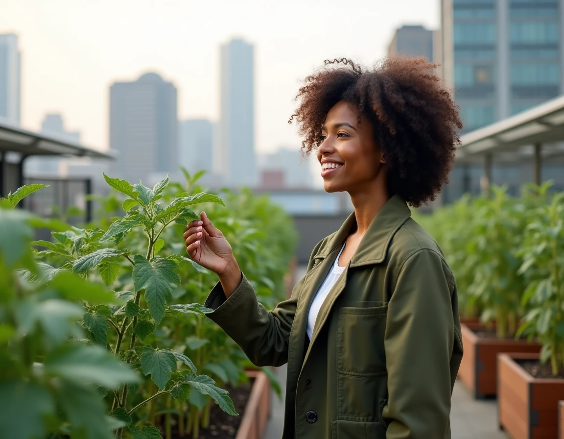 Femme contemplative dans un jardin urbain durable en toiture avec panneaux solaires et skyline urbain, illustrant les utopies écologiques de demain