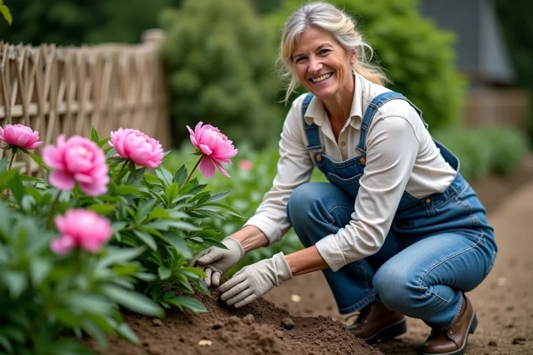 Femme en salopette jardinant près de pivoines roses