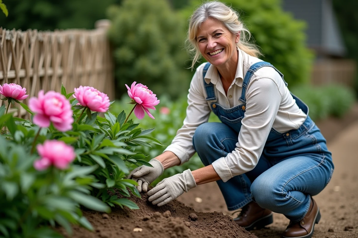 Femme en salopette jardinant près de pivoines roses