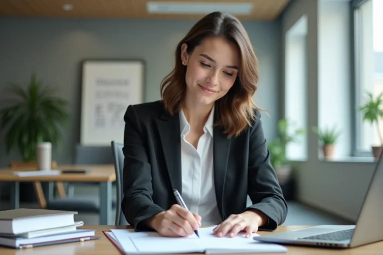 Jeune femme en bureau d'admission universitaire en train de remplir un formulaire