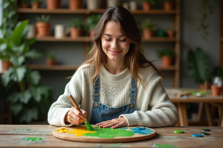 Jeune femme souriante mélange peinture verte et jaune