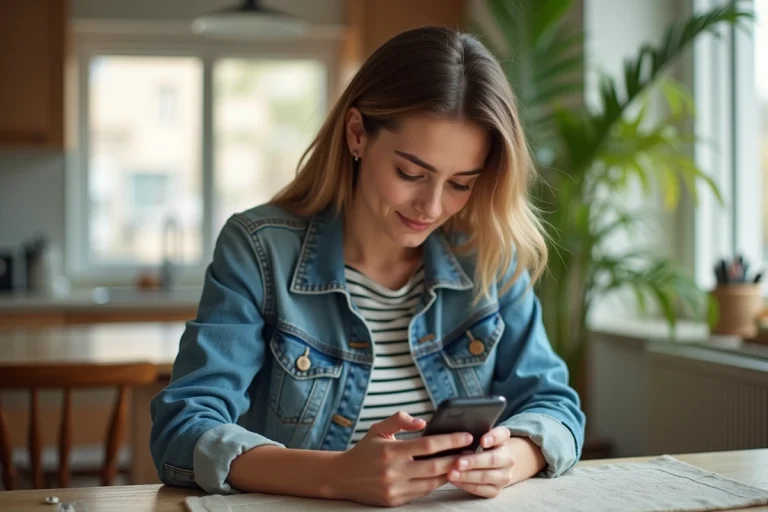 Jeune femme en cuisine avec smartphone et ambiance lumineuse