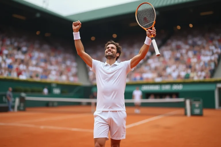 Joueur de tennis professionnel célébrant une victoire sur terre battue lors d'un Grand Chelem, tenant sa raquette à bout de bras dans un stade comble