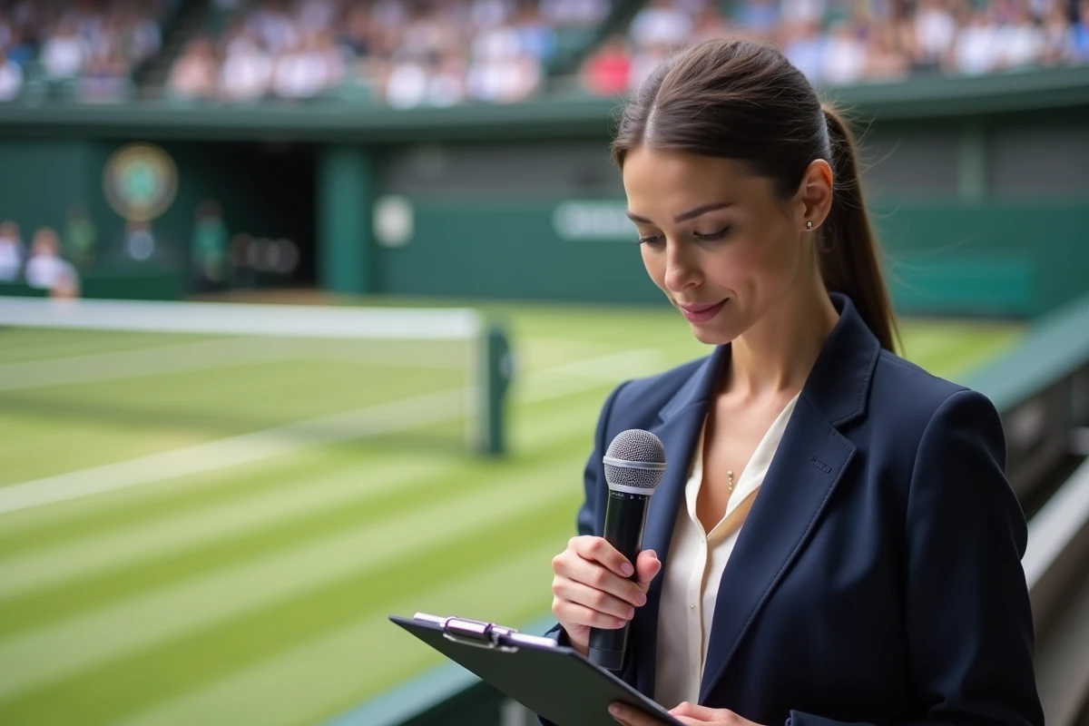 Journaliste sportive tenant un microphone en bord de court de tennis sur gazon lors d'un tournoi du Grand Chelem, prenant des notes sur un clipboard