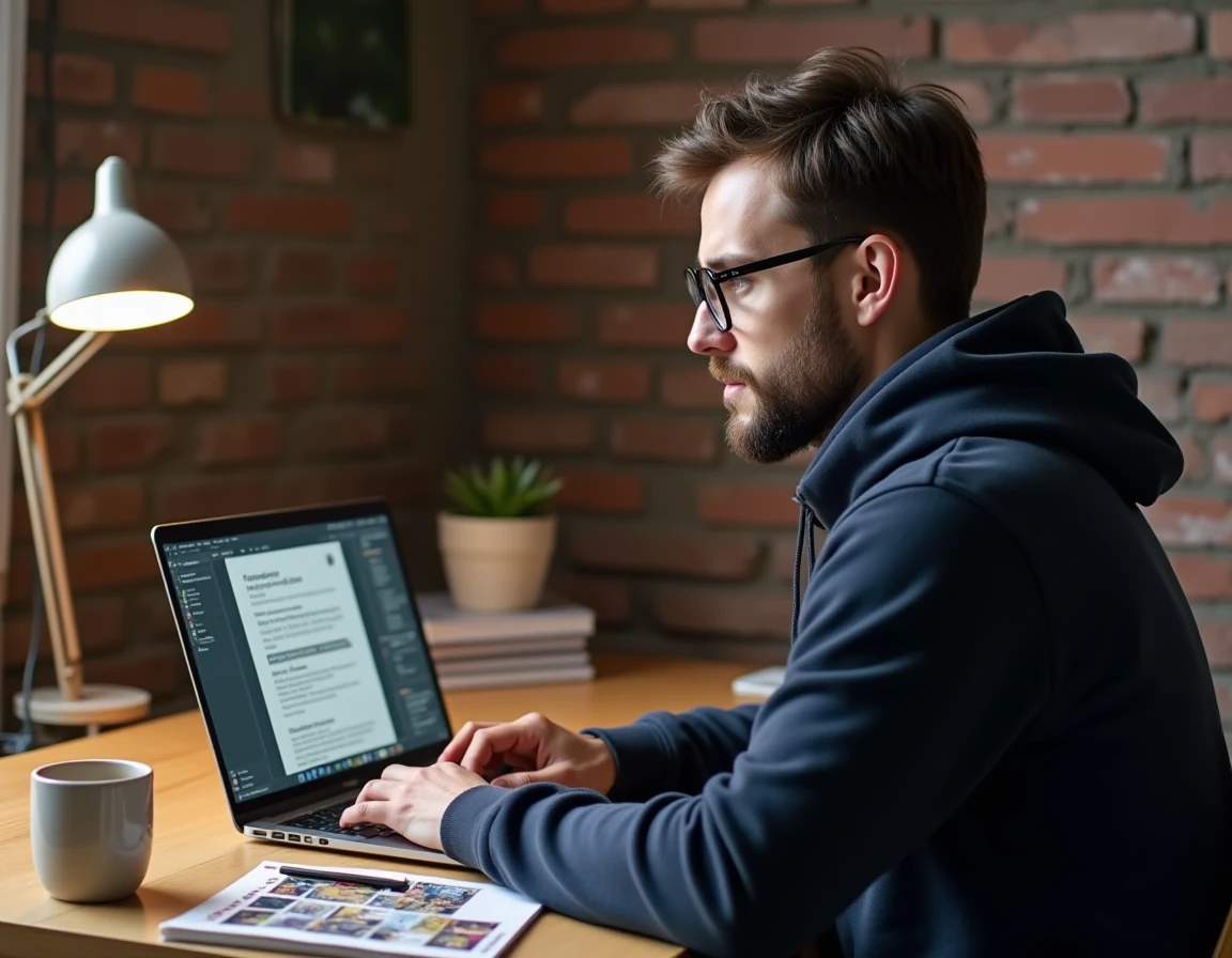 Homme lisant un comic numérique epub sur ordinateur portable dans un bureau à domicile avec mur en briques