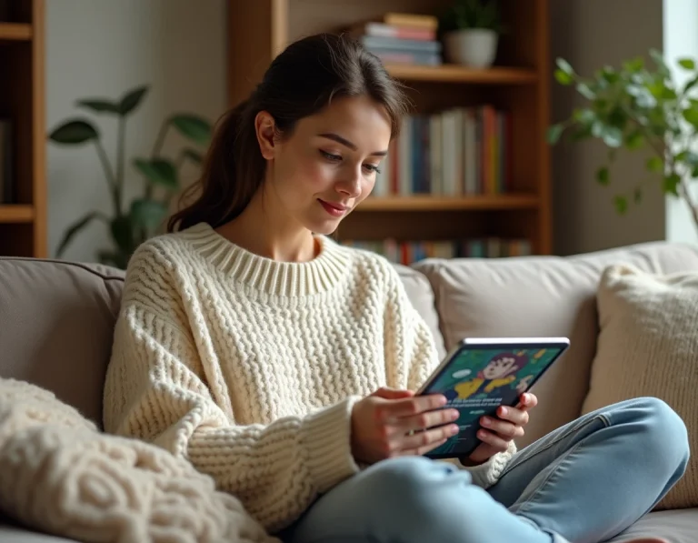 Jeune femme lisant un epub de manga sur tablette confortablement installée dans un salon scandinave