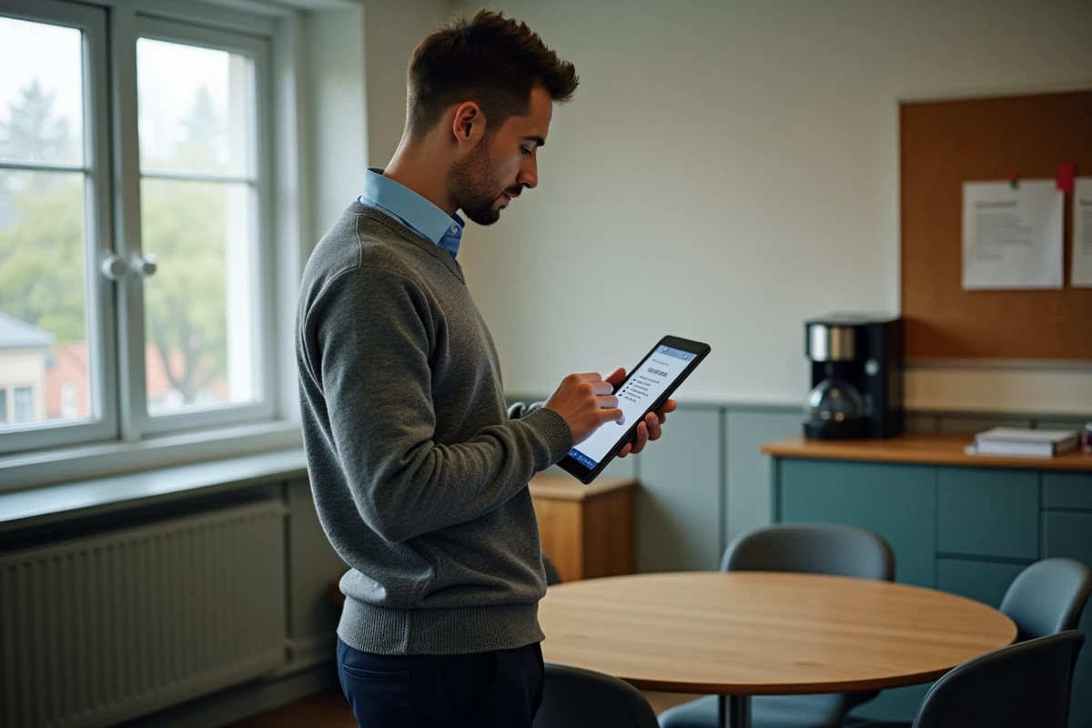 Professeur consultant sa messagerie académique de l'académie d'Amiens sur une tablette dans la salle des enseignants