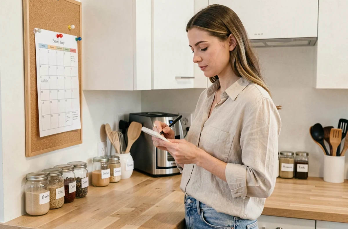 Femme organisant son quotidien dans une cuisine moderne avec un planificateur hebdomadaire et des astuces pratiques