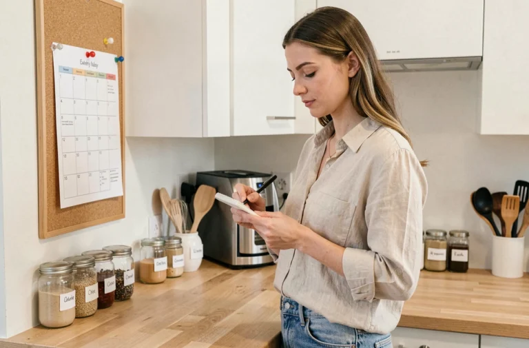 Femme organisant son quotidien dans une cuisine moderne avec un planificateur hebdomadaire et des astuces pratiques