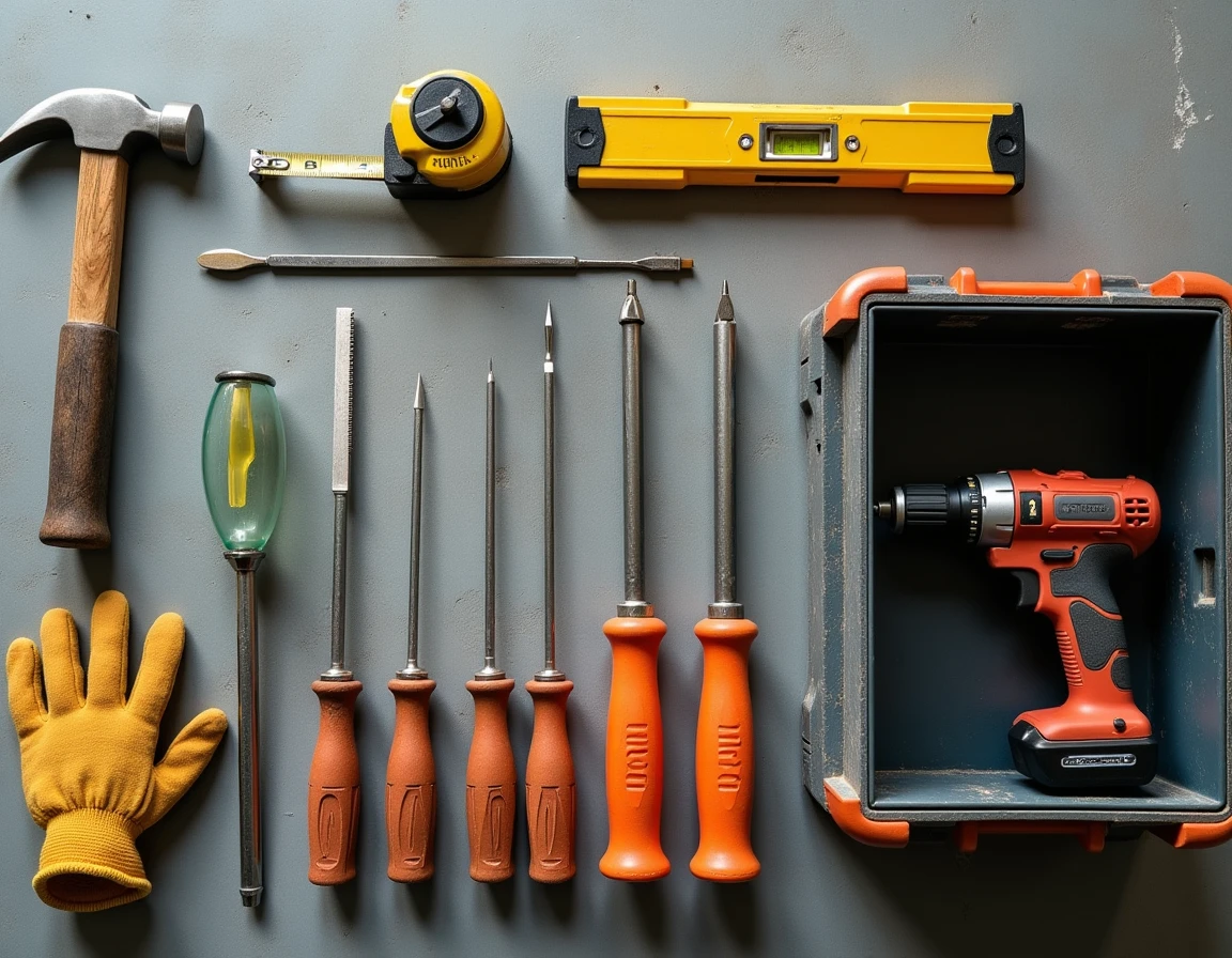 Vue à plat des outils indispensables pour débuter le bricolage maison disposés sur béton