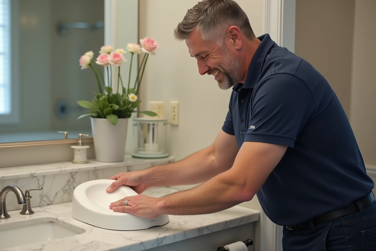 Père vérifie un rehausseur de toilette propre dans la salle de bain