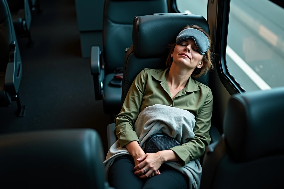 Vue en plongée d'une passagère endormie dans un bus longue distance avec accessoires de voyage organisés