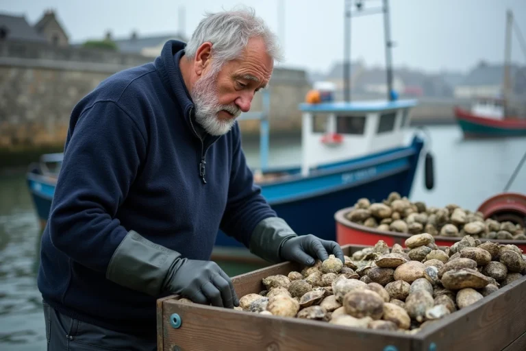 Pêcheur breton arrangeant des huîtres fraîches sur un étal du marché du port de Cancale en Bretagne