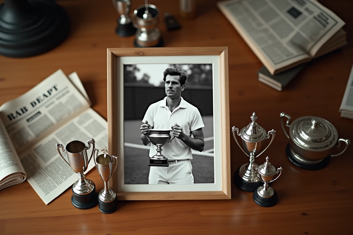 Photographie vintage encadrée d'un champion de tennis historique posant avec le trophée du Grand Chelem calendaire, entourée de quatre coupes sur un bureau en bois