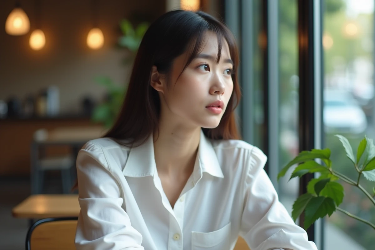 Femme en blouse blanche regardant pensivement dans un café