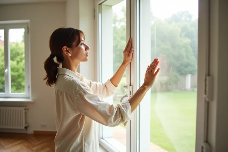 Femme installant un film thermique réfléchissant sur une fenêtre en été pour bloquer la chaleur