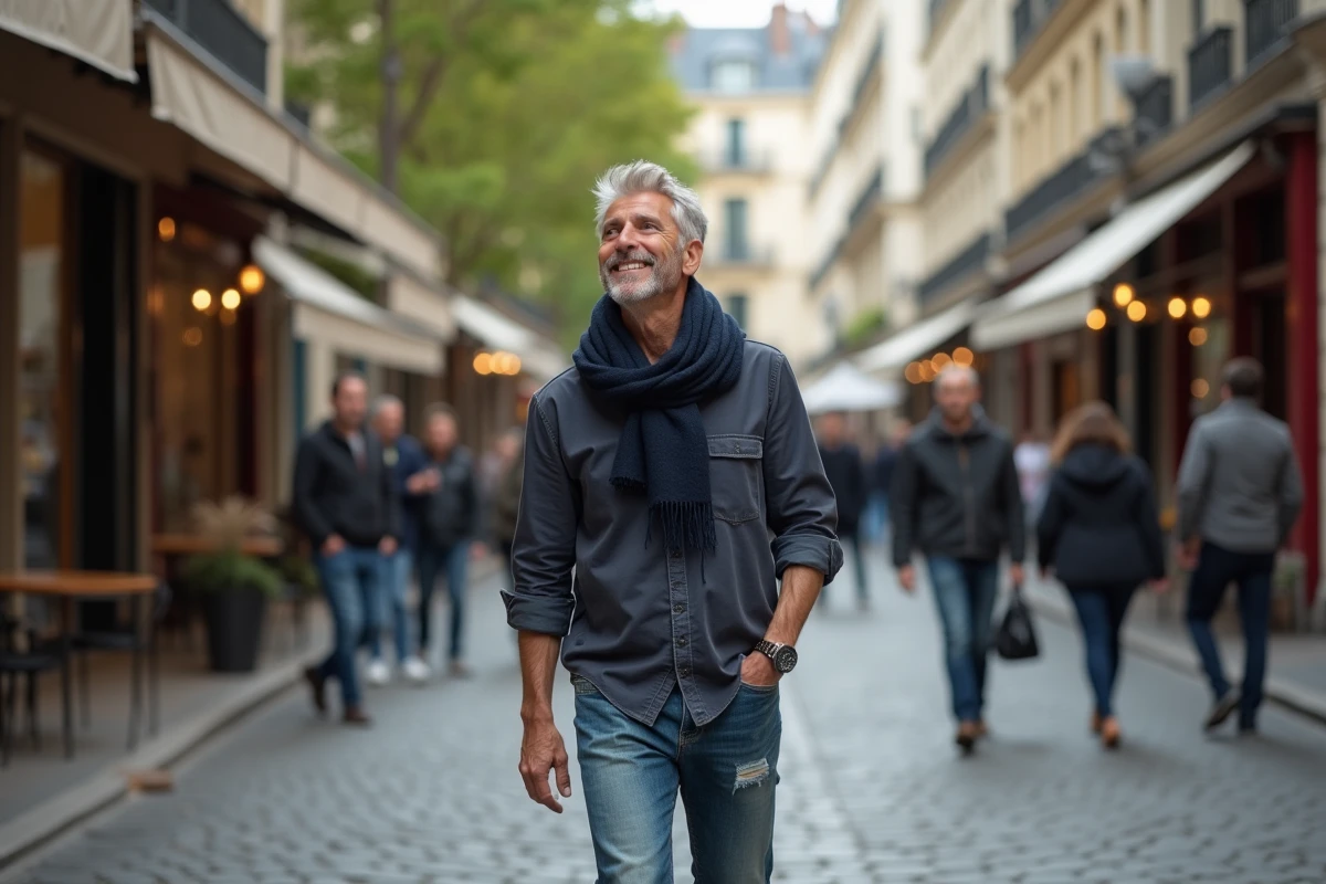Homme décontracté marchant dans une rue parisienne