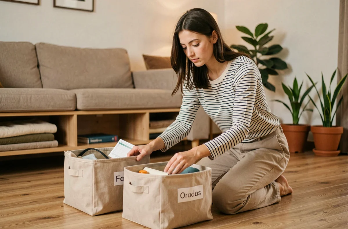 Jeune femme triant et rangeant des affaires dans des paniers étiquetés pour simplifier son intérieur au quotidien