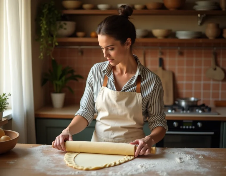 Femme en tablier de lin préparant des pâtes fraîches maison sur un plan de travail en bois fariné dans une cuisine rustique chaleureuse