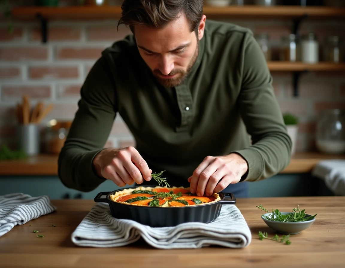 Homme garnissant une tarte aux légumes maison dans une cuisine de ferme avec étagères en bois et bocaux en arrière-plan