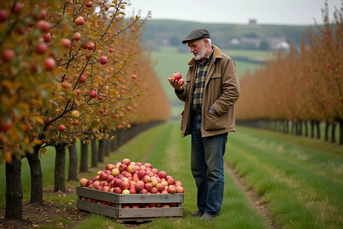 Agriculteur breton inspectant la récolte de pommes dans un verger près de Fouesnant en automne