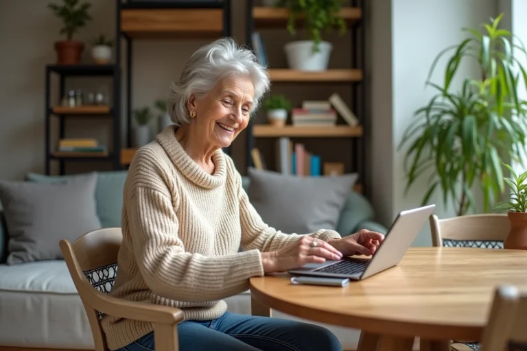 Femme senior souriante utilisant une tablette pour consulter des annonces immobilières