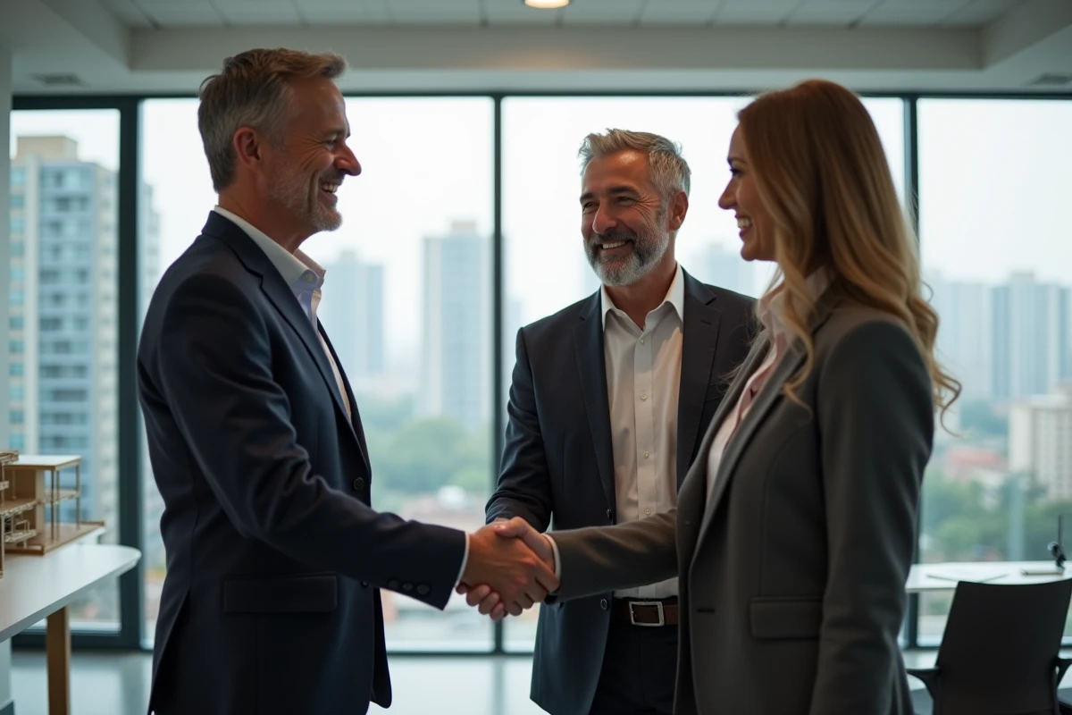 Homme et femme serrant la main avec un agent immobilier dans un bureau