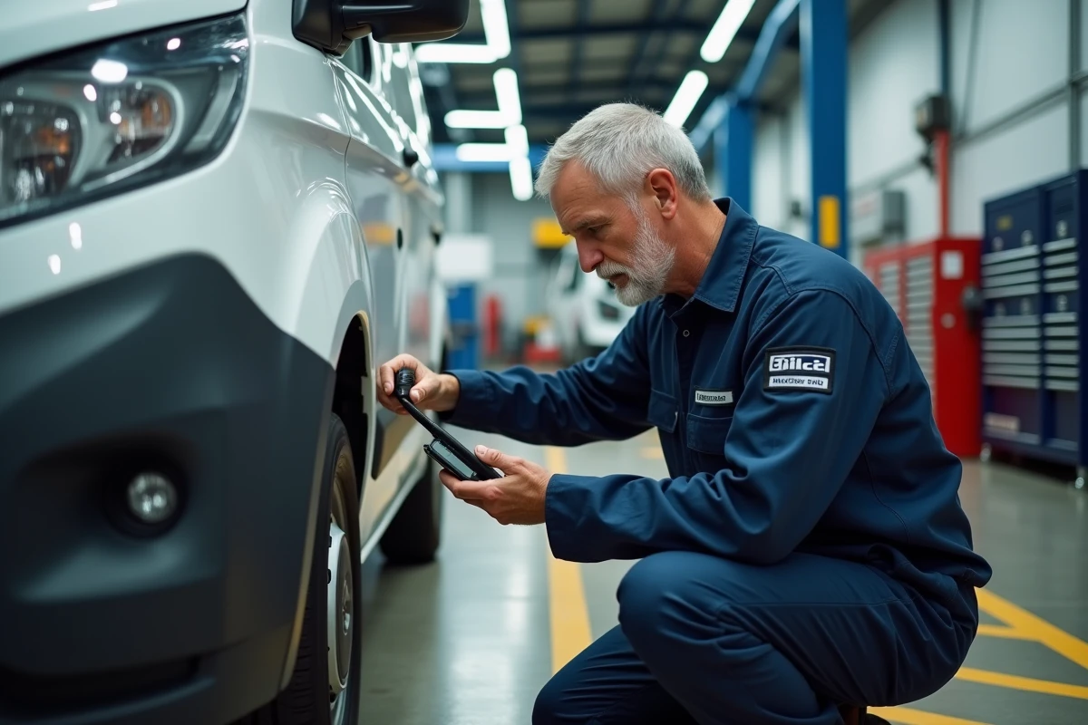 Technicien automobile effectuant un diagnostic électronique sur un véhicule utilitaire dans un garage de maintenance de flotte d'entreprise