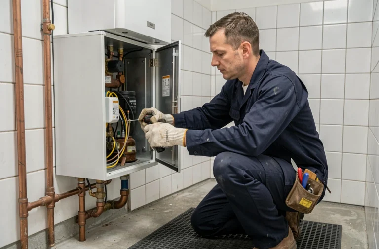 Technicien de chauffage inspectant l'intérieur d'une chaudière murale en panne dans une salle utilitaire domestique