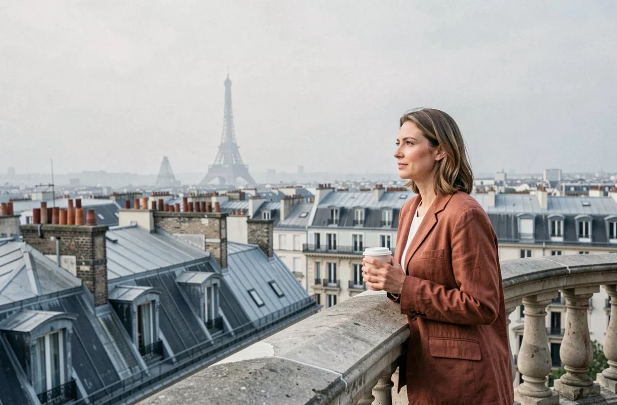 Femme sur une terrasse parisienne contemplant les toits en zinc et la Tour Eiffel dans la brume matinale